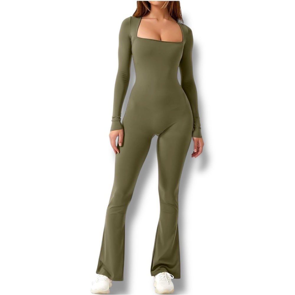 Qinsen Chic Olive Green Square Neck Flared Leg Long Sleeve Bodycon Jumpsuit - Picture 2 of 16